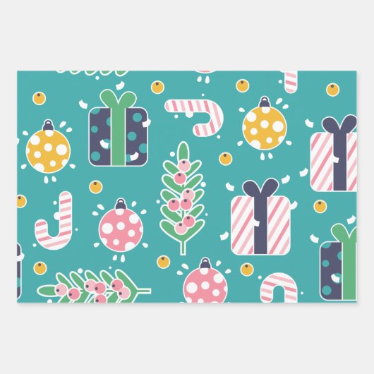 かわいいティール（緑がかった色）ピンクと黄色のクリスマスアイテム ラッピングペーパーシート (正面2)