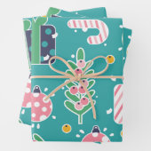 かわいいティール（緑がかった色）ピンクと黄色のクリスマスアイテム ラッピングペーパーシート (インサイチュ)