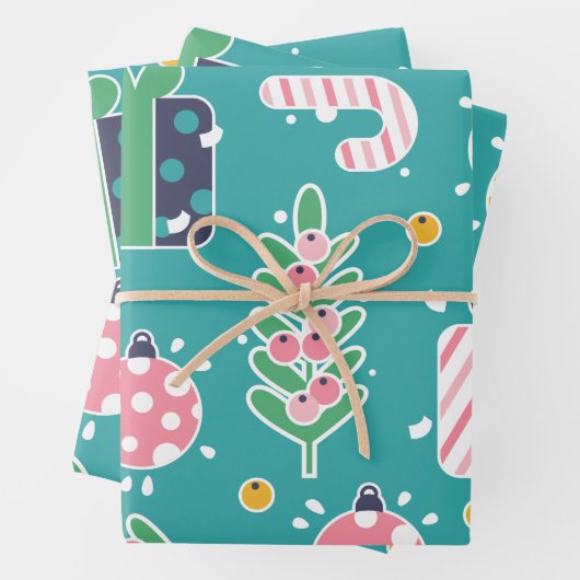 かわいいティール（緑がかった色）ピンクと黄色のクリスマスアイテム ラッピングペーパーシート (インサイチュ)