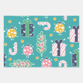 かわいいティール（緑がかった色）ピンクと黄色のクリスマスアイテム ラッピングペーパーシート (正面)