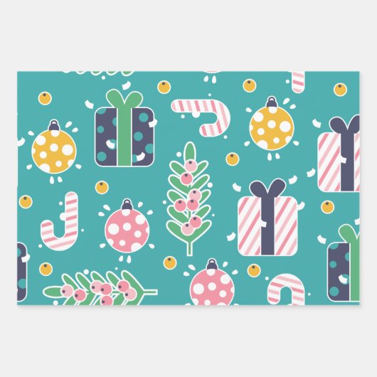 かわいいティール（緑がかった色）ピンクと黄色のクリスマスアイテム ラッピングペーパーシート (正面)