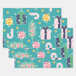 かわいいティール（緑がかった色）ピンクと黄色のクリスマスアイテム ラッピングペーパーシート