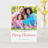 かわいいティール（緑がかった色）ピンクのクリスマスライトホリデーフォト カード (黄色い花)