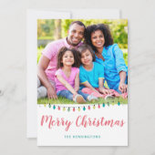 かわいいティール(緑がかった色)ピンクのクリスマスライトホリデーフォト シーズンカード (正面)