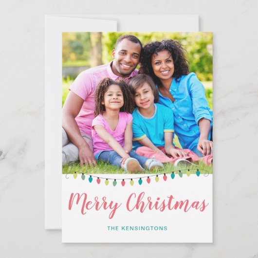 かわいいティール（緑がかった色）ピンクのクリスマスライトホリデーフォト シーズンカード (正面)