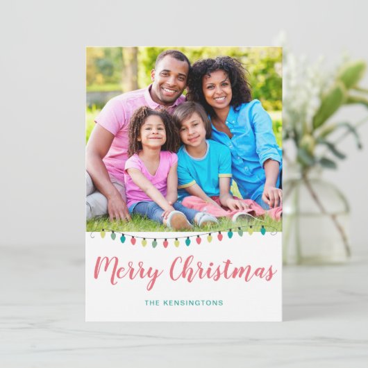 かわいいティール（緑がかった色）ピンクのクリスマスライトホリデーフォト シーズンカード (スタンド正面)