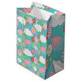 かわいいティール（緑がかった色）ピンクパープルカートゥーンフローラガーデンテーマ ミディアムペーパーバッグ (正面アングル)