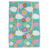 かわいいティール（緑がかった色）ピンクパープルカートゥーンフローラガーデンテーマ ミディアムペーパーバッグ (裏面)