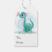 かわいいティール(緑がかった色)ピンク恐竜バタフライガールベビーシャワー ギフトタグ (正面)
