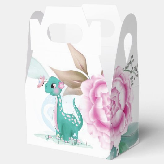 かわいいティール（緑がかった色）ピンク恐竜バタフライガールベビーシャワー フェイバーボックス (オープン)