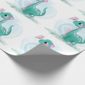 かわいいティール(緑がかった色)ピンク恐竜バタフライガールベビーシャワー ラッピングペーパー (角)