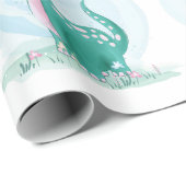 かわいいティール(緑がかった色)ピンク恐竜バタフライガールベビーシャワー ラッピングペーパー (ロールコーナー)