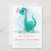 かわいいティール（緑がかった色）ピンク恐竜2nd誕生日招待状 (正面)