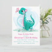 かわいいティール（緑がかった色）ピンク恐竜2nd誕生日招待状 (スタンド正面)