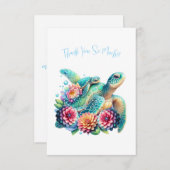 かわいいティール(緑がかった色)フローラタートルサンキューノートカード サンキューカード (正面/裏面)