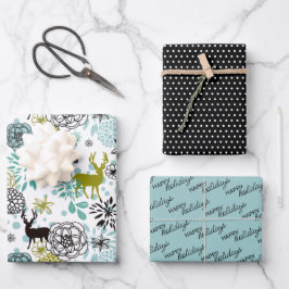 かわいいティール（緑がかった色）ブルーグリーンフローラと鹿アートパターン ラッピングペーパーシート