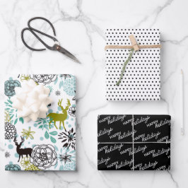 かわいいティール（緑がかった色）ブルーグリーンフローラと鹿アートパターン ラッピングペーパーシート