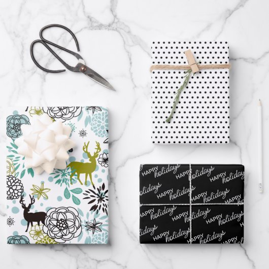 かわいいティール（緑がかった色）ブルーグリーンフローラと鹿アートパターン ラッピングペーパーシート (正面)