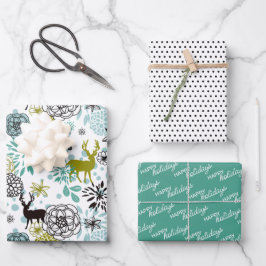 かわいいティール（緑がかった色）ブルーグリーンフローラと鹿アートパターン ラッピングペーパーシート