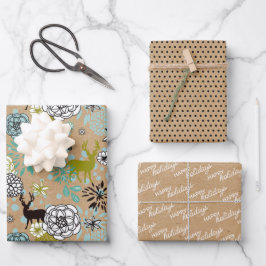 かわいいティール（緑がかった色）ブルーグリーンフローラと鹿アートパターン ラッピングペーパーシート