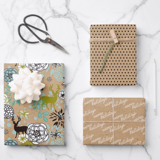 かわいいティール(緑がかった色)ブルーグリーンフローラと鹿アートパターン ラッピングペーパーシート (正面)