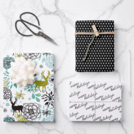かわいいティール（緑がかった色）ブルーグリーンフローラと鹿アートパターン ラッピングペーパーシート
