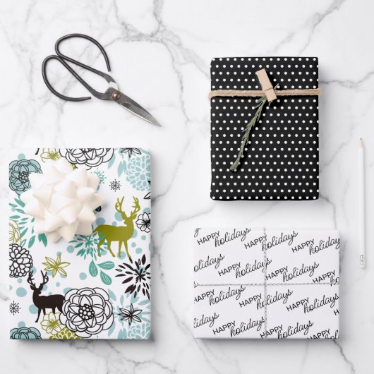 かわいいティール（緑がかった色）ブルーグリーンフローラと鹿アートパターン ラッピングペーパーシート (正面)