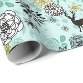 かわいいティール（緑がかった色）ブルーグリーンフローラと鹿アートパターン ラッピングペーパー (ロールコーナー)