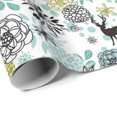 かわいいティール（緑がかった色）ブルーグリーンフローラと鹿アートパターン ラッピングペーパー (ロールコーナー)