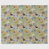 かわいいティール(緑がかった色)ブルーグリーンフローラと鹿アートパターン ラッピングペーパー (フラット)