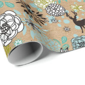 かわいいティール(緑がかった色)ブルーグリーンフローラと鹿アートパターン ラッピングペーパー (ロールコーナー)