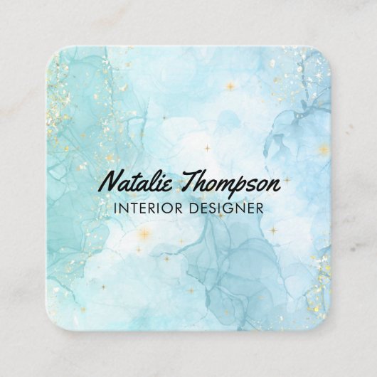 かわいいティール（緑がかった色）ブルー金ゴールドグリッター水彩モダン スクエア名刺 (正面)