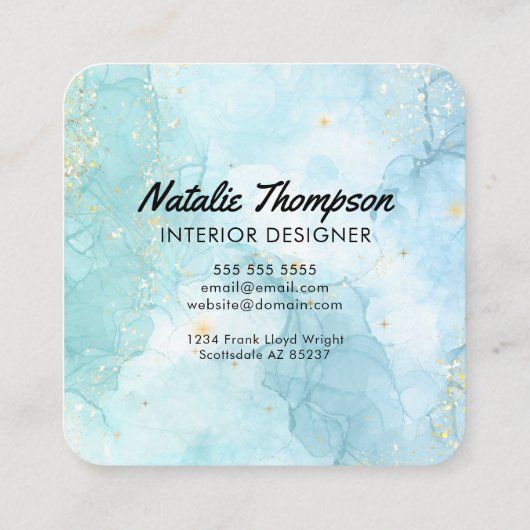 かわいいティール（緑がかった色）ブルー金ゴールドグリッター水彩モダン スクエア名刺 (裏面)