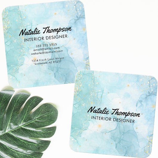 かわいいティール(緑がかった色)ブルー金ゴールドグリッター水彩モダン スクエア名刺