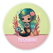 かわいいティール（緑がかった色）ヘアマーメイド子供部屋スタイルピンクカスタム セラミックノブ (正面)