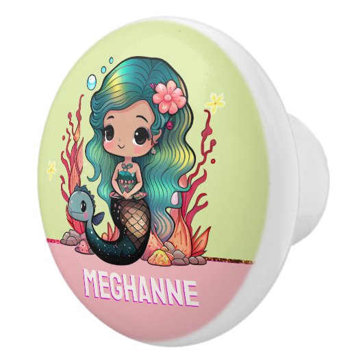 かわいいティール（緑がかった色）ヘアマーメイド子供部屋スタイルピンクカスタム セラミックノブ (右)