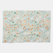 かわいいティール（緑がかった色）ベビーアニマルパステルパターン キッチンタオル (横)