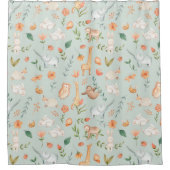 かわいいティール（緑がかった色）ベビーアニマルパステルパターン シャワーカーテン (正面)