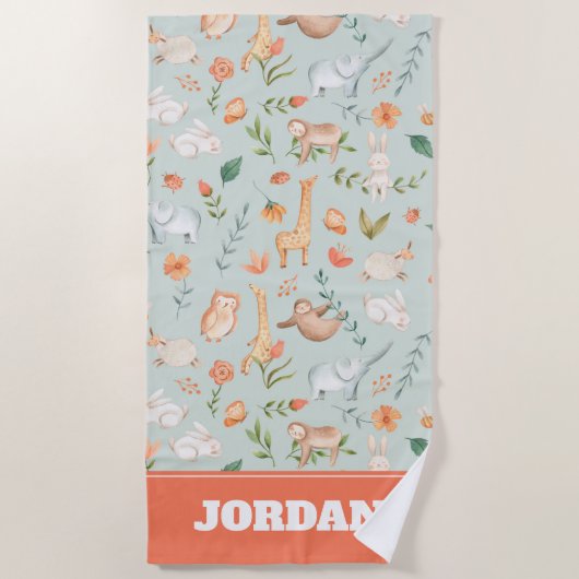 かわいいティール（緑がかった色）ベビーアニマルパステルパターン ビーチタオル (正面)