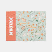 かわいいティール(緑がかった色)ベビーアニマルパステルパターン フリースブランケット (正面(横))