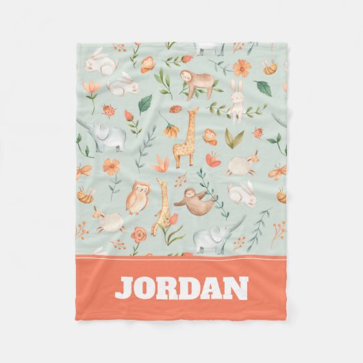 かわいいティール(緑がかった色)ベビーアニマルパステルパターン フリースブランケット (正面)