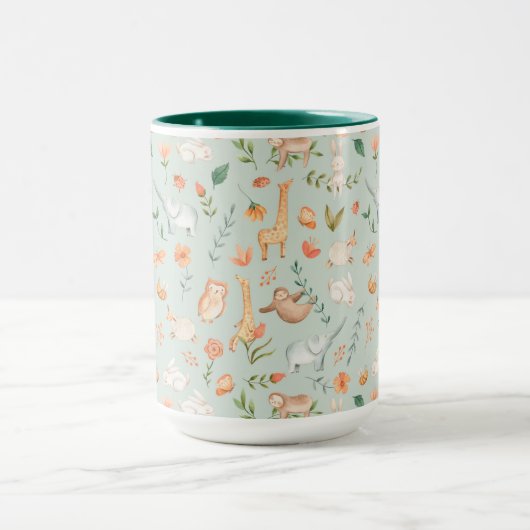かわいいティール(緑がかった色)ベビーアニマルパステルパターン マグカップ (中央)