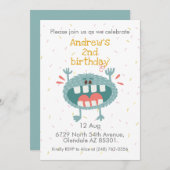 かわいいティール（緑がかった色）モンスター誕生日 招待状 (正面/裏面)