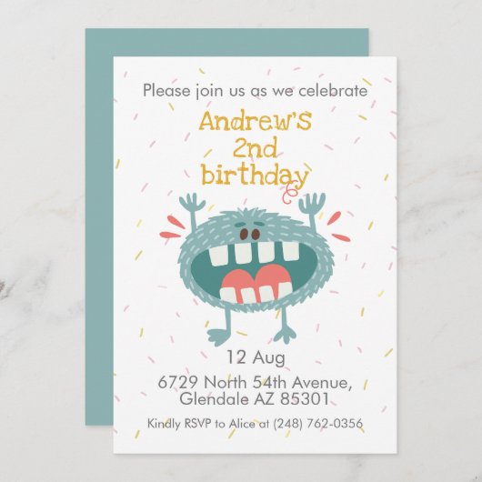 かわいいティール(緑がかった色)モンスター誕生日 招待状 (正面/裏面)