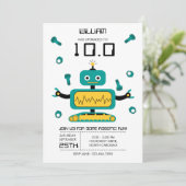 かわいいティール(緑がかった色)ロボットテーマキッズロボット誕生日パーティー 招待状 (スタンド正面)