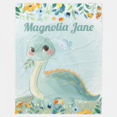 かわいいティール(緑がかった色)恐竜キッズブランケットと赤面の花 フリースブランケット (正面)