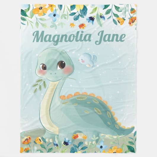 かわいいティール(緑がかった色)恐竜キッズブランケットと赤面の花 フリースブランケット (正面)