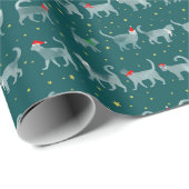かわいいティール（緑がかった色）水彩猫たちサンタ帽子 ラッピングペーパー (ロールコーナー)