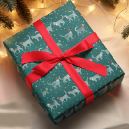 かわいいティール（緑がかった色）水彩猫たちサンタ帽子 ラッピングペーパー