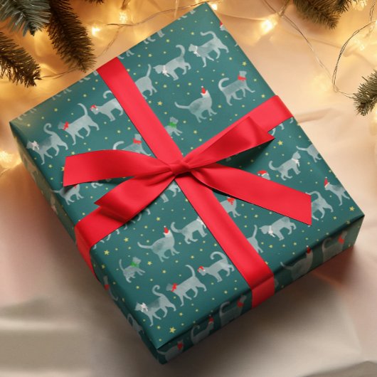 かわいいティール（緑がかった色）水彩猫たちサンタ帽子 ラッピングペーパー